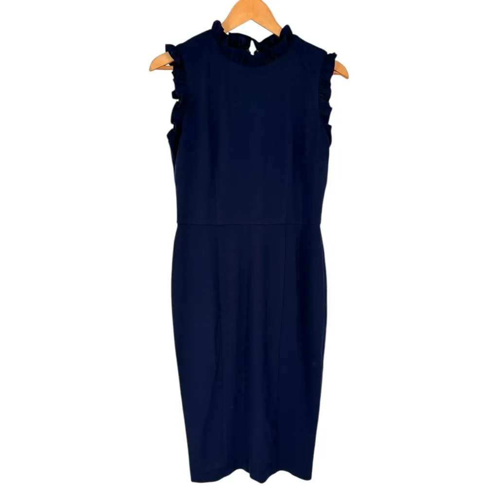 Maggy London Demi Ruffle Mock Neck Sheath Dress size 8 Navy Blue - Image 2
