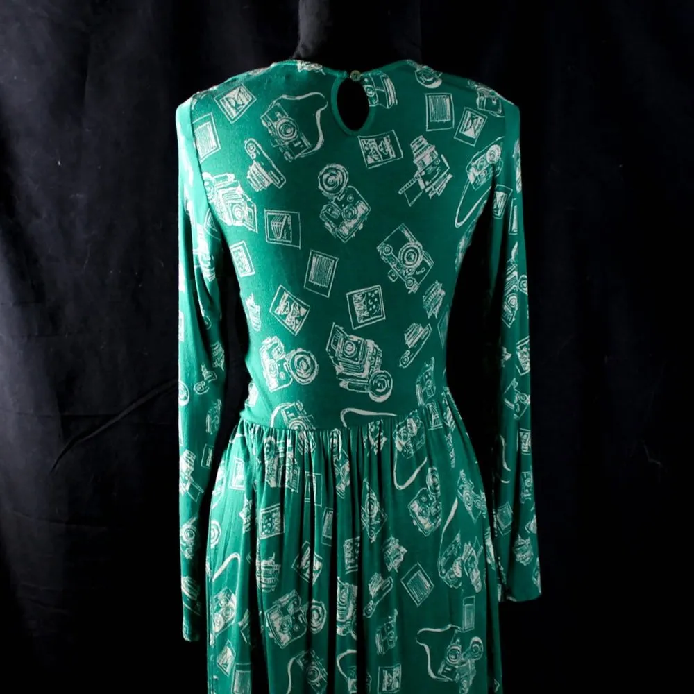 Teal Mod Cloth Camera Dress Long Sleeve Babydoll Midi Dress - Image 6