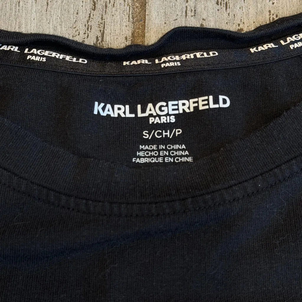 Karl Lagerfeld Sweatshirt Top Womens Small Black Puff Sleeve Embroidered Patch - Image 9