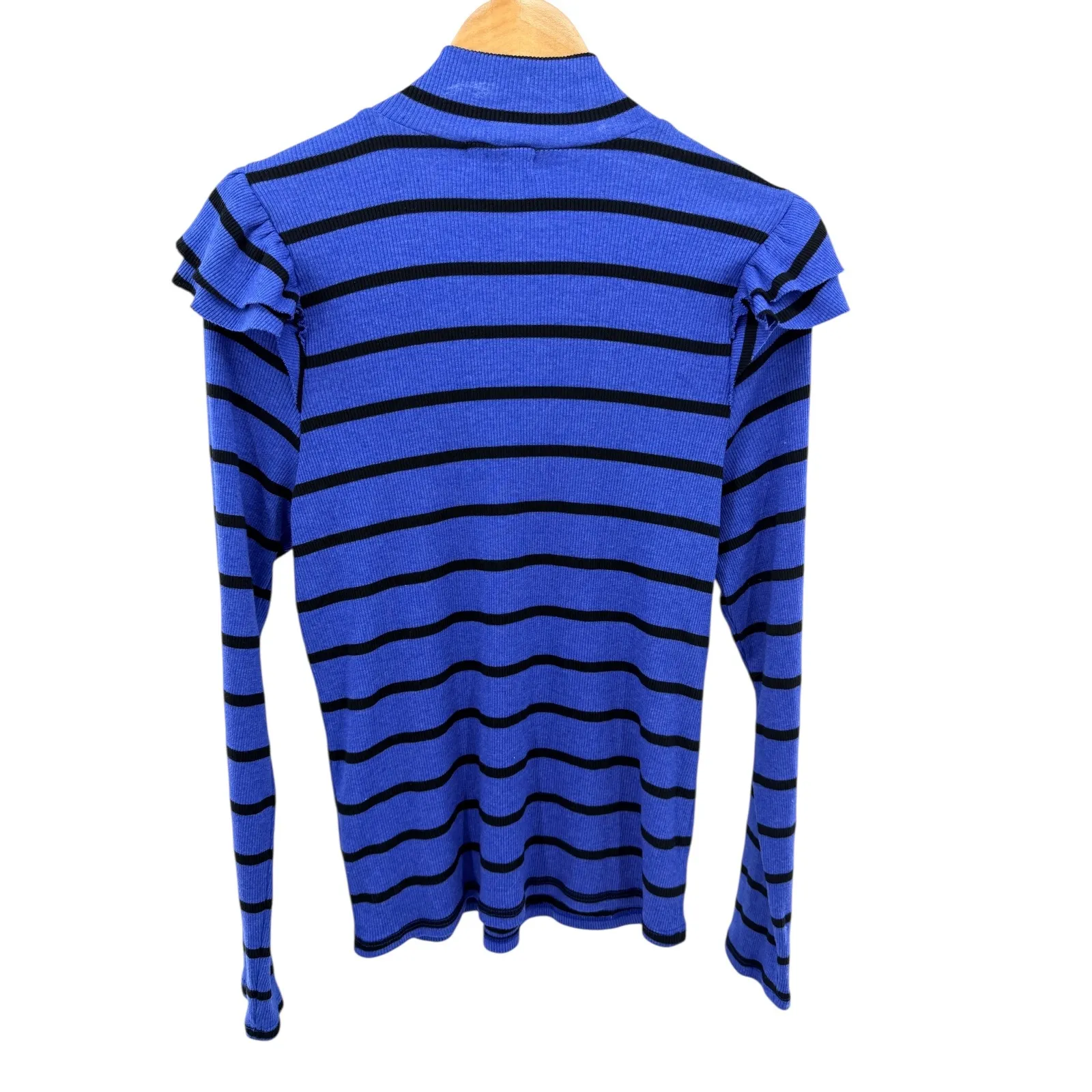 Anthropologie T.La Blue Black Stripe Mock Neck Ruffle Sleeve Knit Top Preppy XL - Image 5