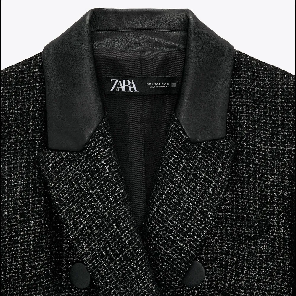 Zara Tweed Textured Weave Metallic Thread Blazer w/ Leather Collar & Buttons NEW - Image 9