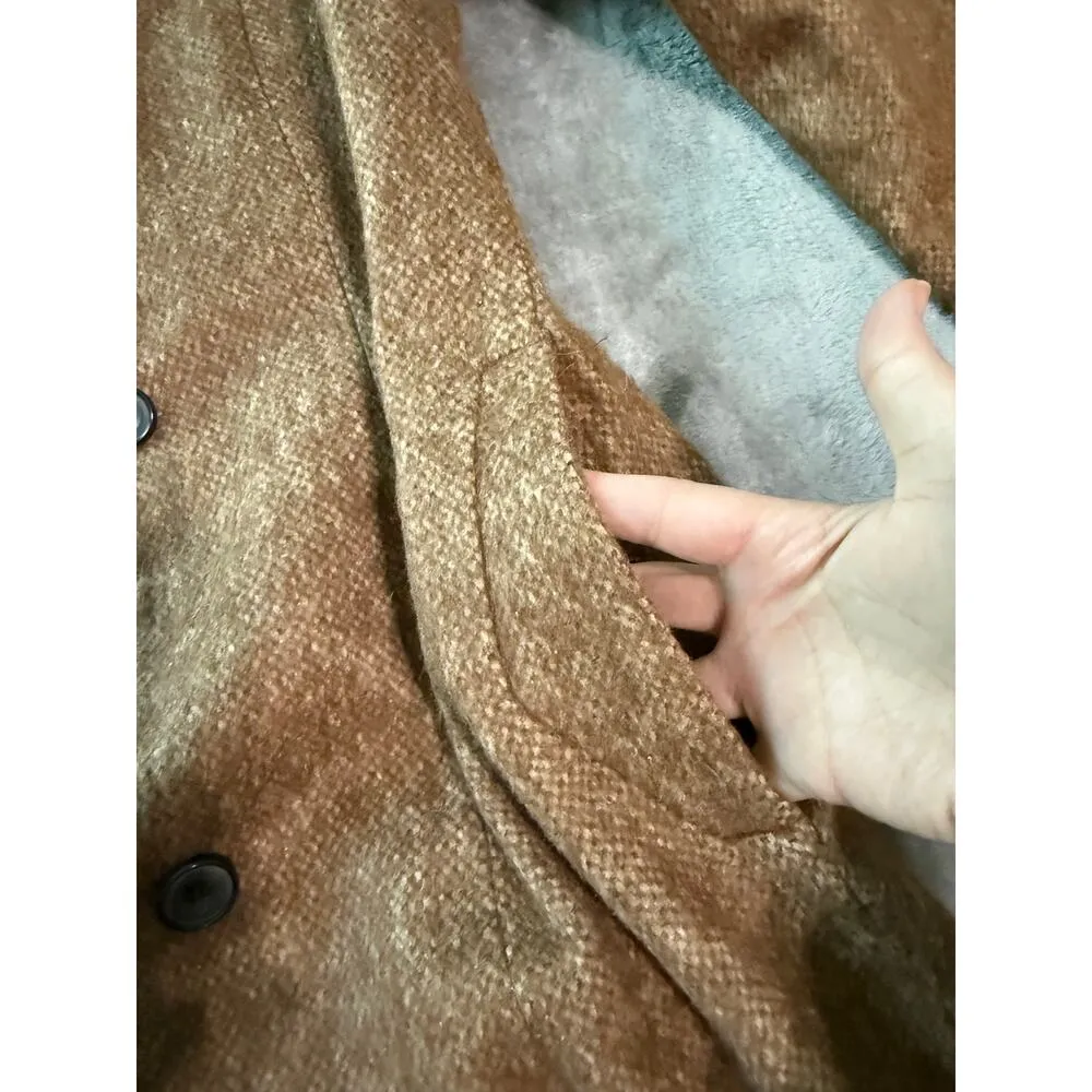 Zara Basics Wool Mohair Blend Camel Long Coat Hidden Button Puff Shoulder Medium Brown - Image 5