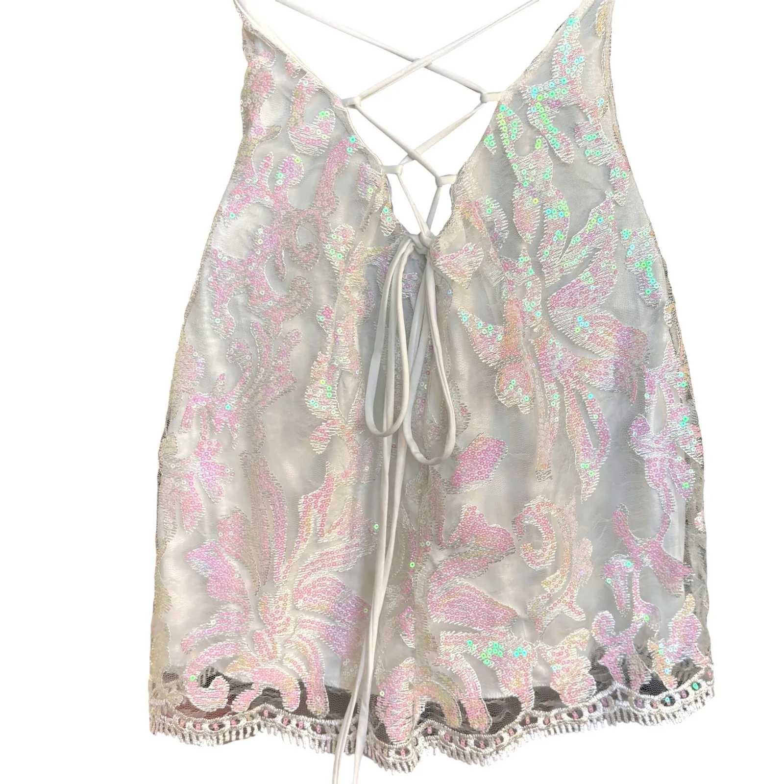 Lucy In‎ the Sky Clarabelle Iridescent Sequin Dress Sz S White Fairy Lace - Image 6