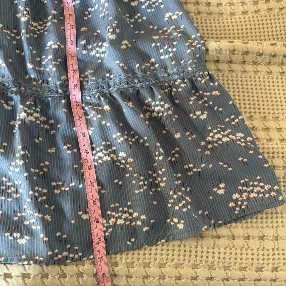 Piper and Scoot Blue Collared Floral Dress Size Small Cinched Waist Ruffles Boho - Image 9