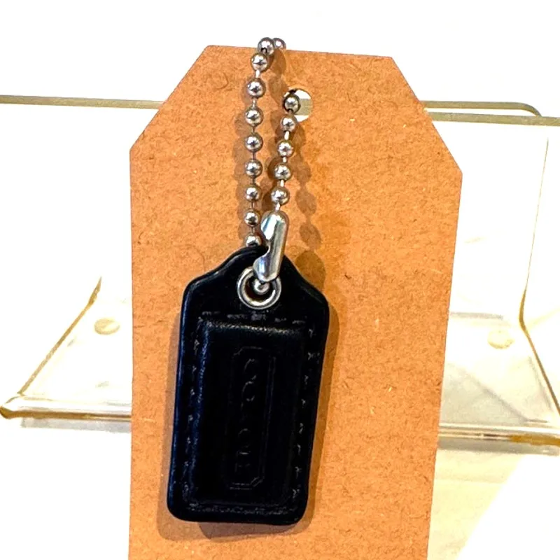 Vintage 90s Coach black leather hangtag or bag charm silver tone chain - Image 2