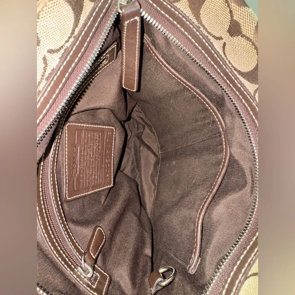 Vintage Coach Duffle Signature Jacquard Leather Canvas Brown Tan Hobo Bag Purse - Image 14