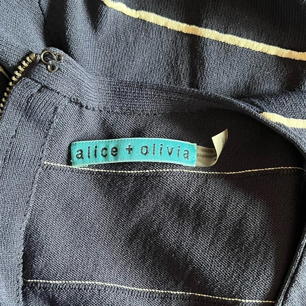 Alice+Olivia Bolton Ottoman Pinstripe Flare Navy Blue & White Dress Size Small - Image 14