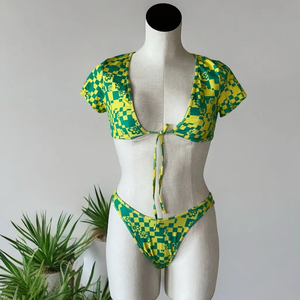 NWOT PacSun Storm Reid  Green Yellow Tie Front checkered floral 2 PCS Swimsuit - Image 2
