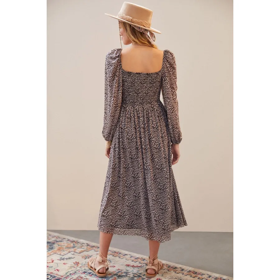 Anthropologie Dolan‎ Cheetah Animal Print SmockedMidi Long Sleeve Dress Medium Tan - Image 2