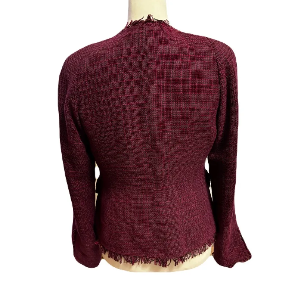 Anne Klein  Raspberry & Black Fringe Tweed Blazer | Size 2P | EUC - Image 5