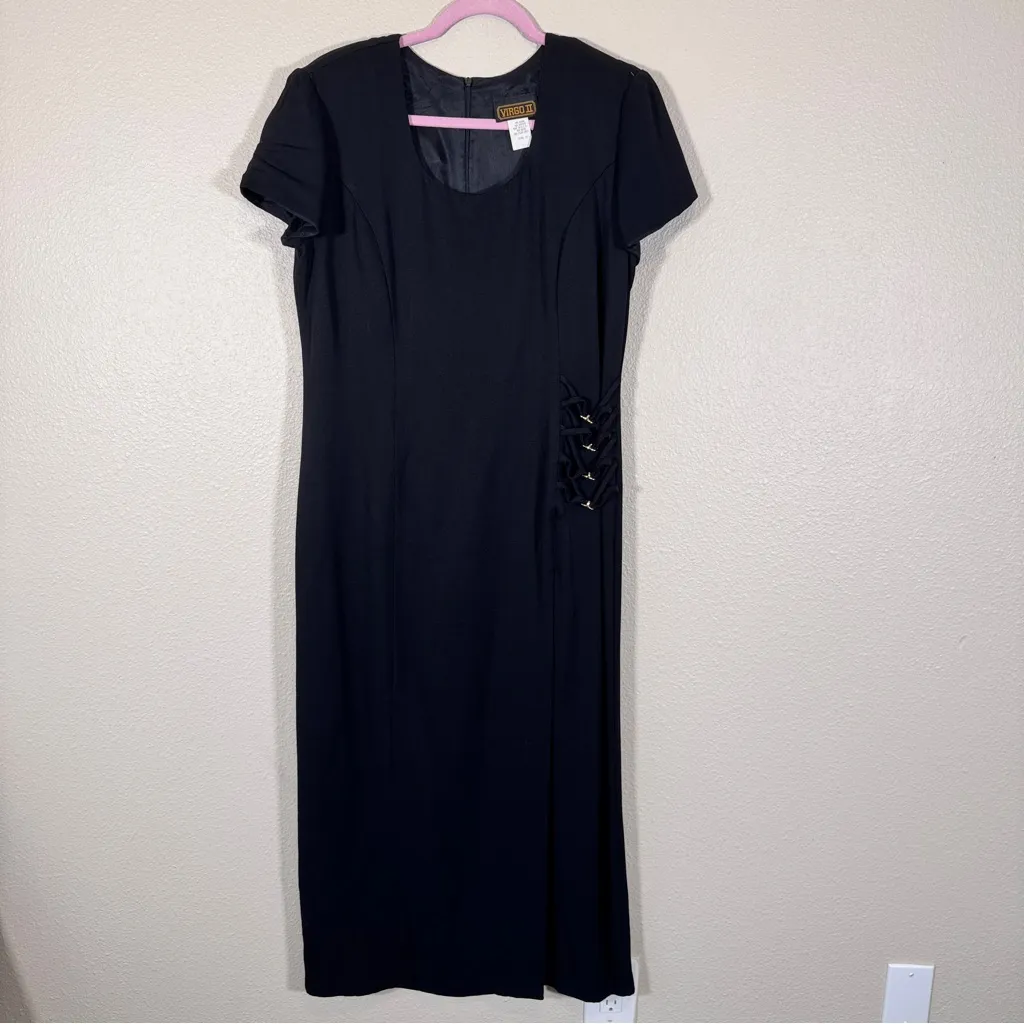 Vintage Black Short Sleeve Midi Dress Womens 14 Rhinestone Buttons 90s Coquette - Image 11