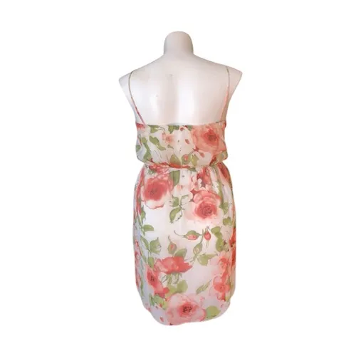 Soprano Floral Print Mini Dress Coral Roses White Spaghetti Strap L - Image 4