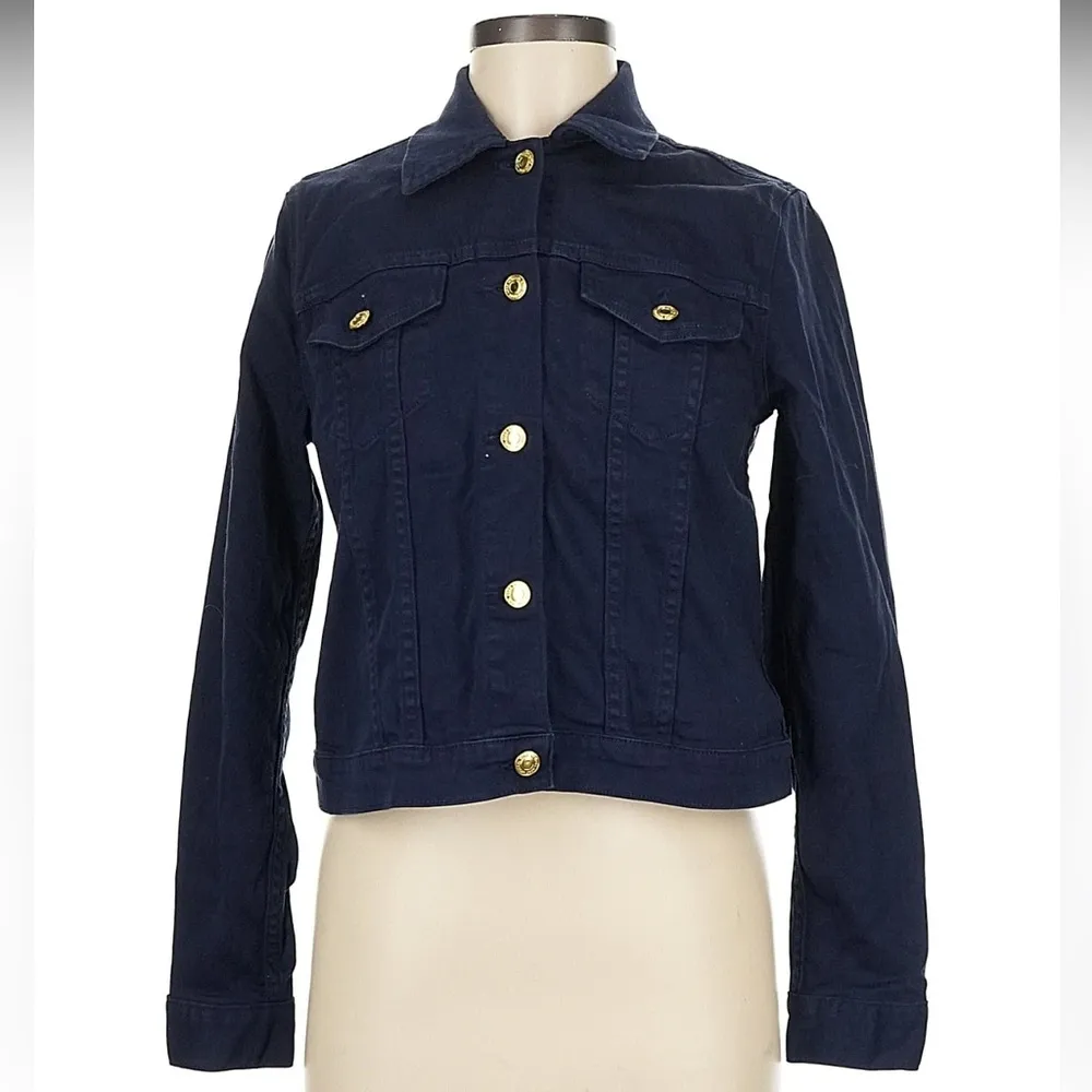 Michael Michael Kors Dark Blue Jean Jacket with Gold Buttons Size Medium - Image 3