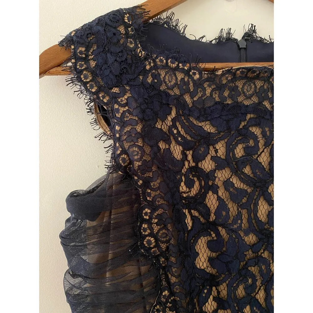Tadashi Shoji 6 Navy Blue Lace Overlay Ruched Short Knee Length Dress EUC Formal - Image 4