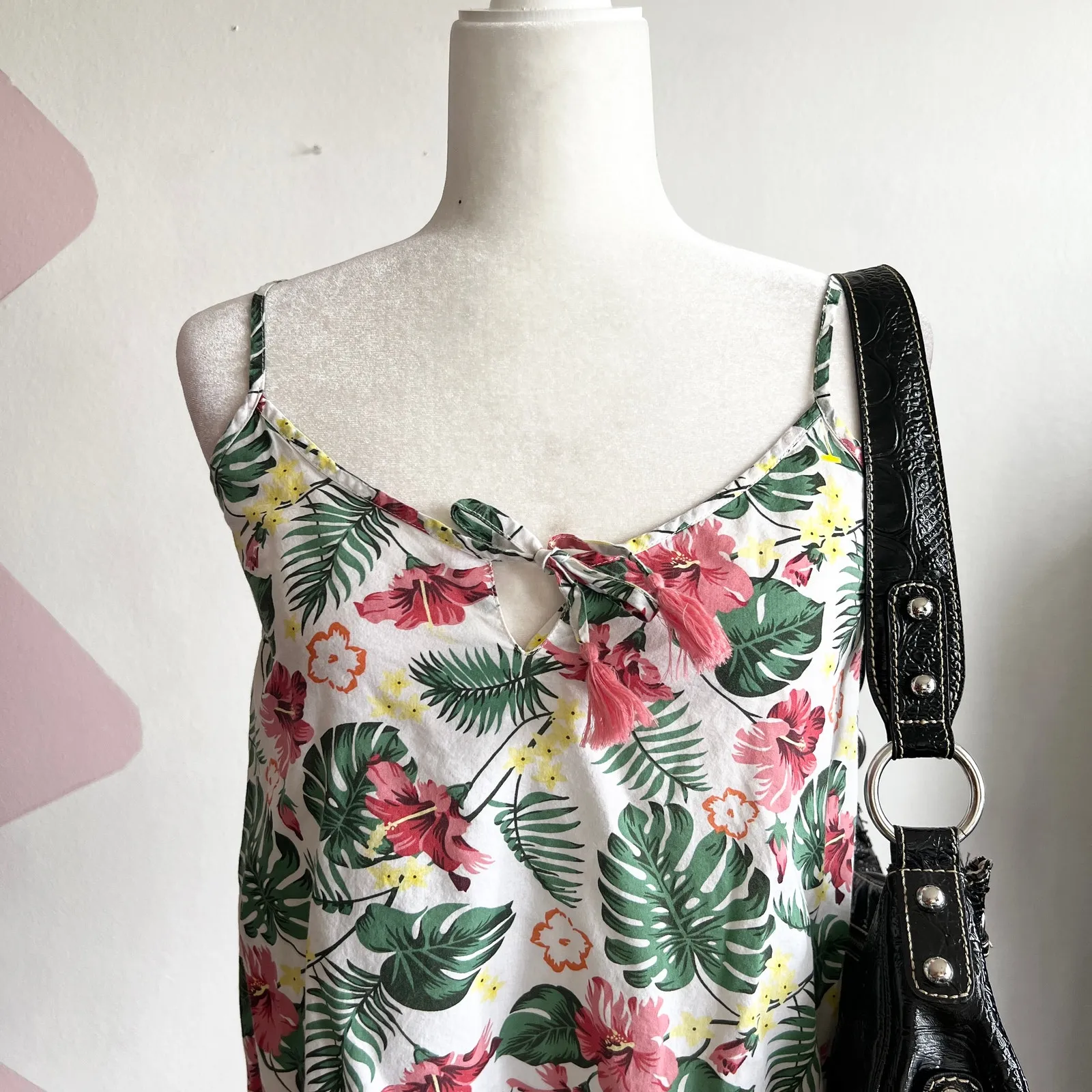 White Tropical Print Tank‎ Top, Coconut Girl Y2K Boho Resortwear Small - Image 2