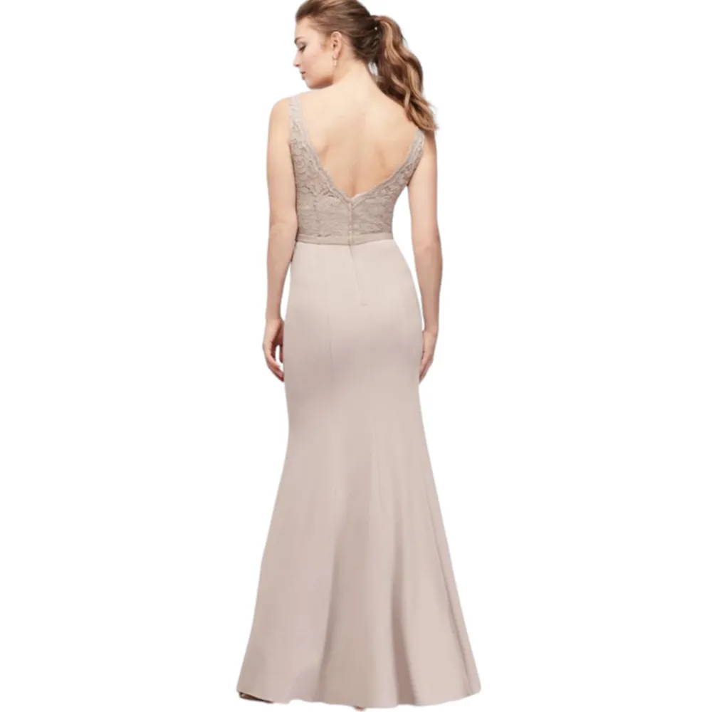 David's Bridal Lace Stretch Crepe V-neck Bridesmaid Dress Women's 12 Cameo - Image 3