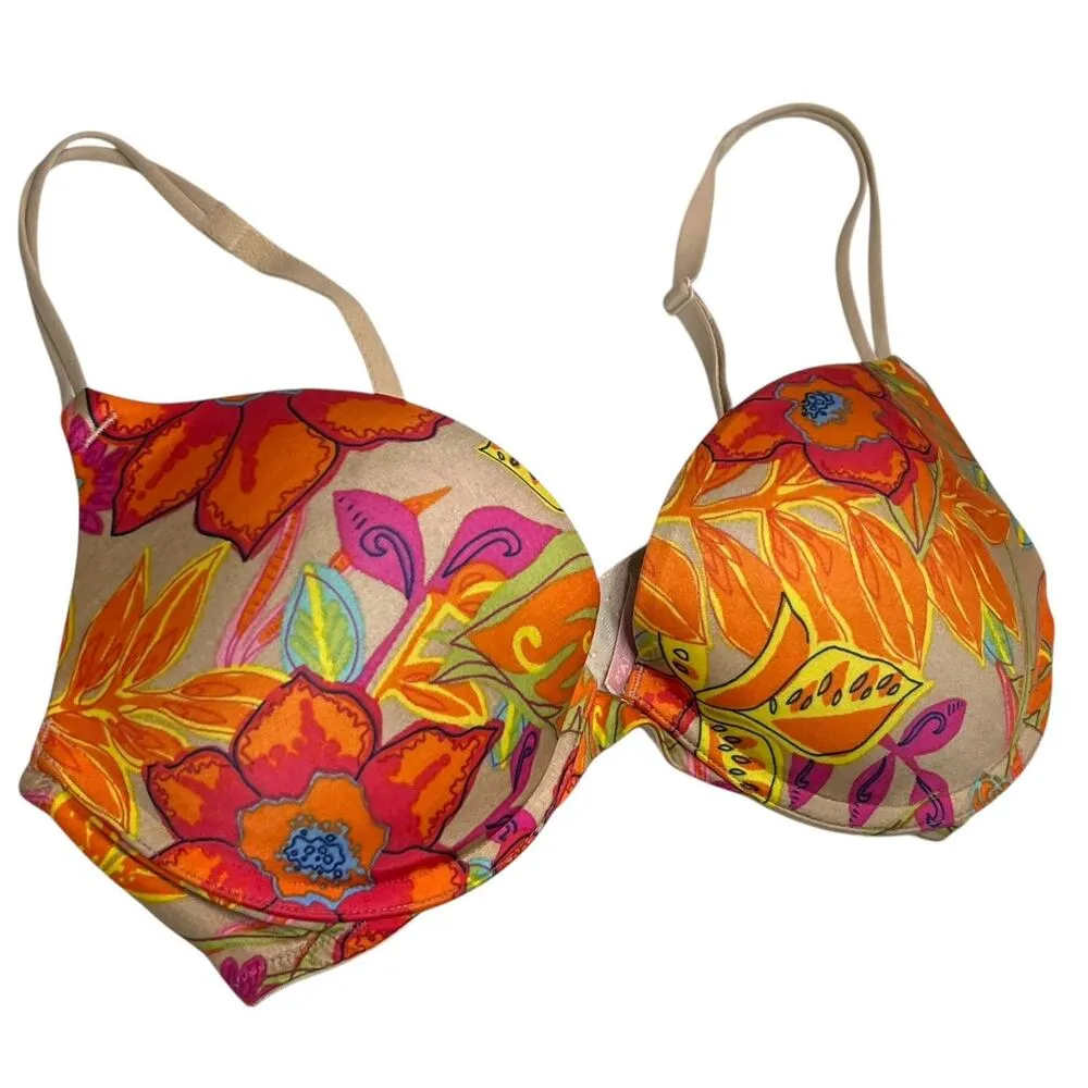 Victorias Secret Y2K Push Up Bra Womens 34C Orange Tan Floral Underwire Retro - Image 7