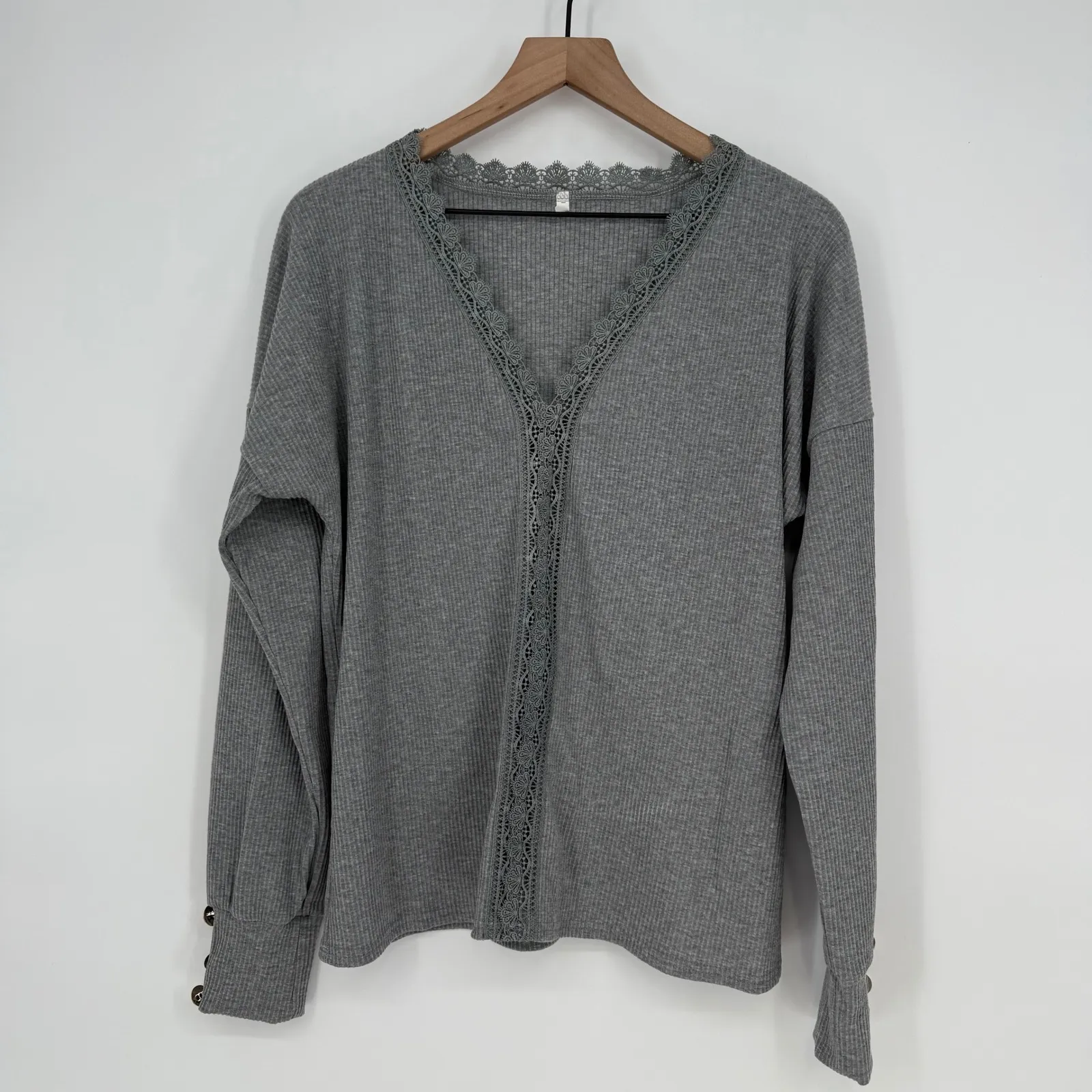 Gray Ribbed Long Sleeve Lace Trim V - Image 2