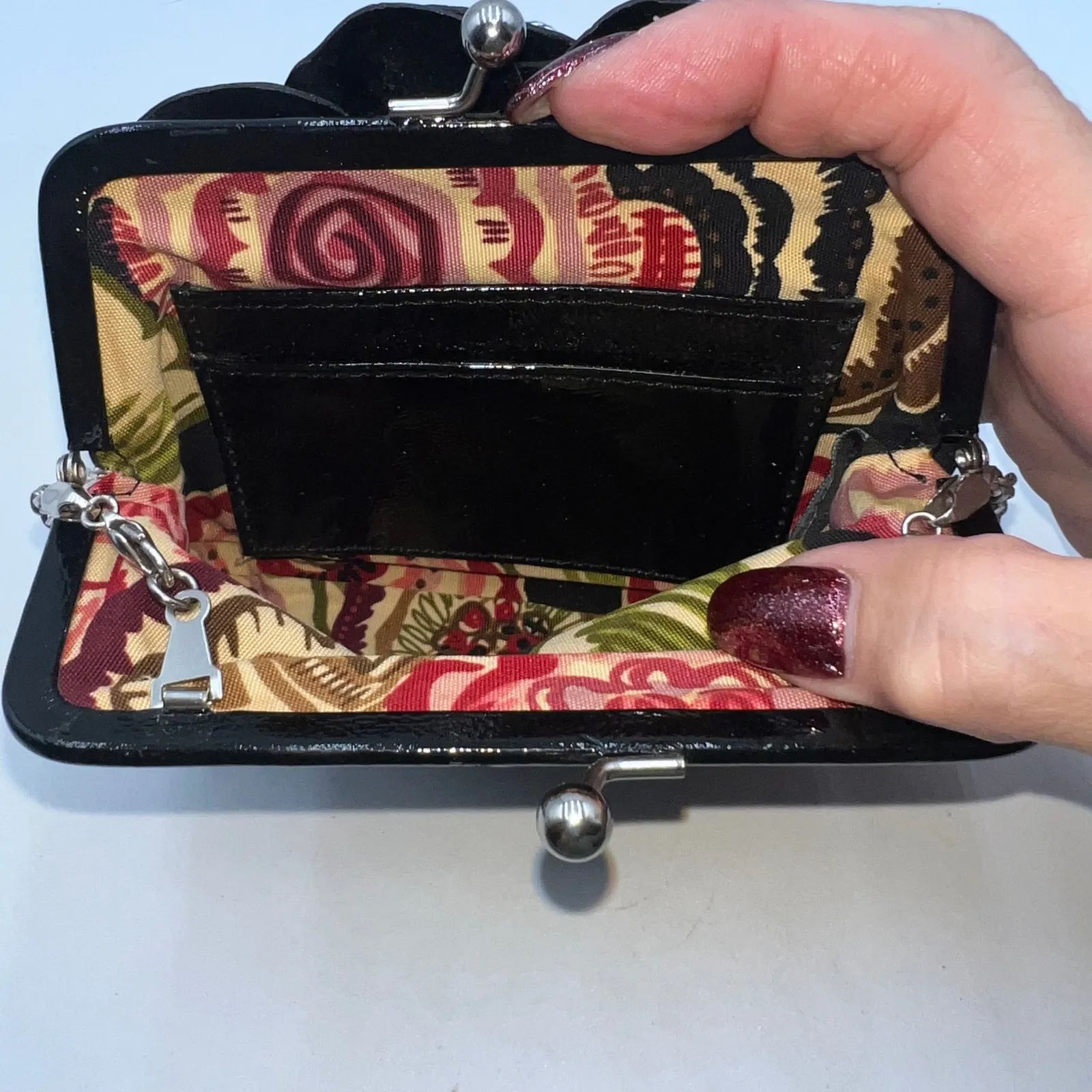 Brighton Kiss Lock Black Purse, Quilted Camellia Flower, Chain Shoulder Bag, - Image 8