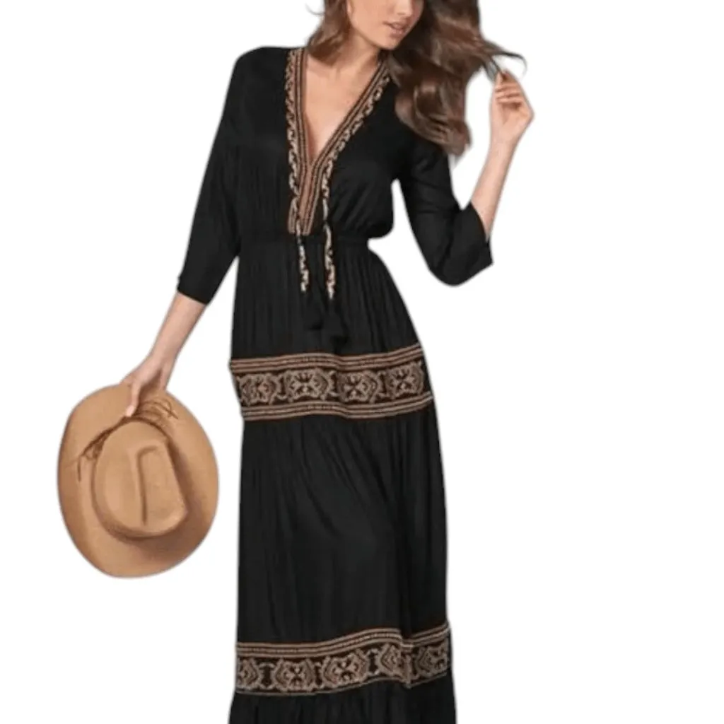 Venus Black Tiered Boho Maxi Dress Size 4 Black Embroidered Beaded Boho Dress - Image 2