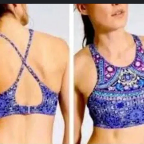 Athleta High Neck Criss Cross Back Swim Top Underwire Boho Beach Women's 32 B/C - Image 2