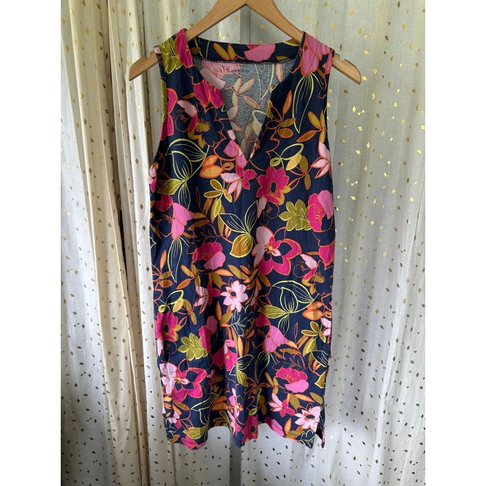 Lands End Women's 100% Cotton Pink Navy Green Hibiscus Floral Shift Dress XS - Image 2