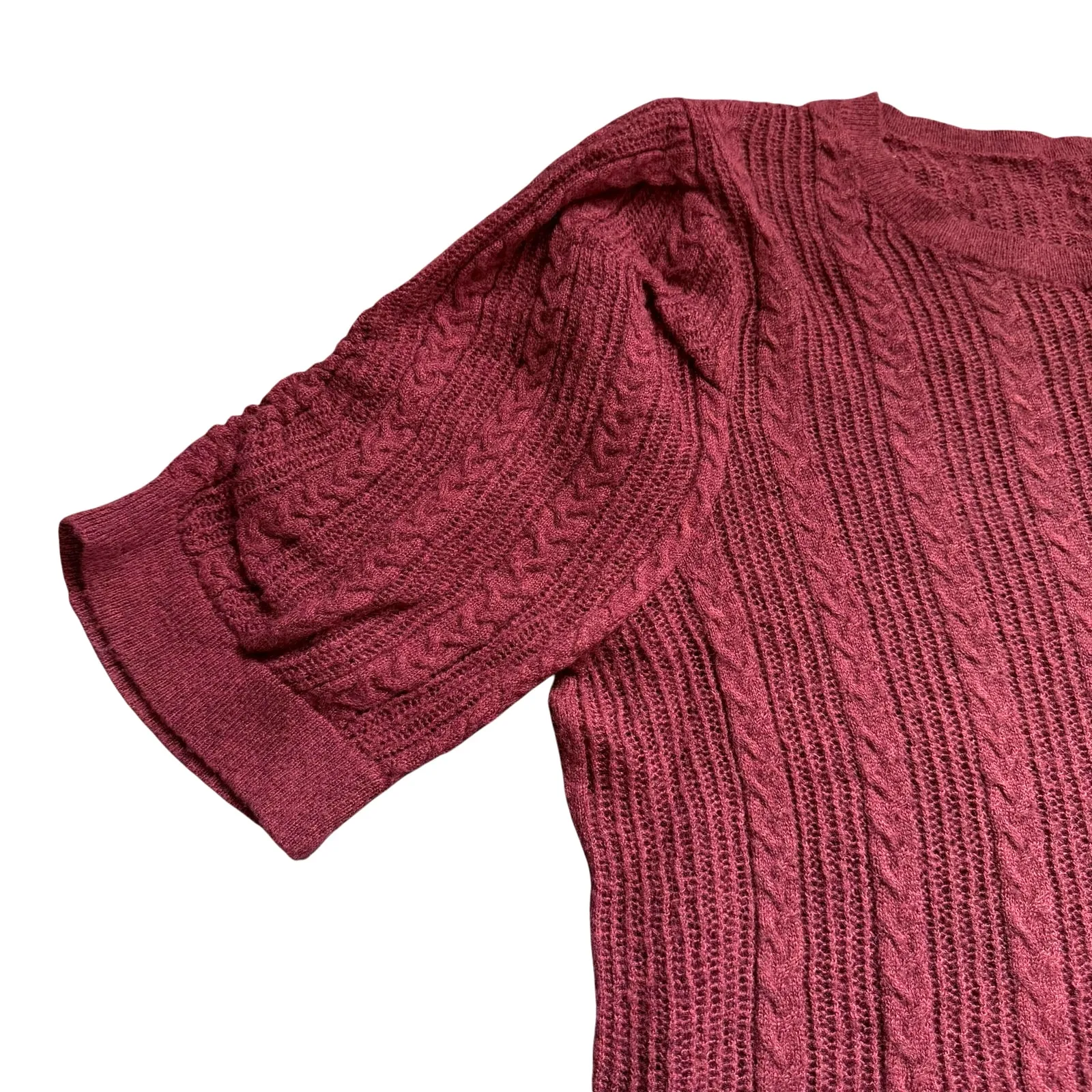 DKNY Womens Short Sleeve Cable Knit Pointelle Sweater Mauve Burgundy Size Large - Image 5