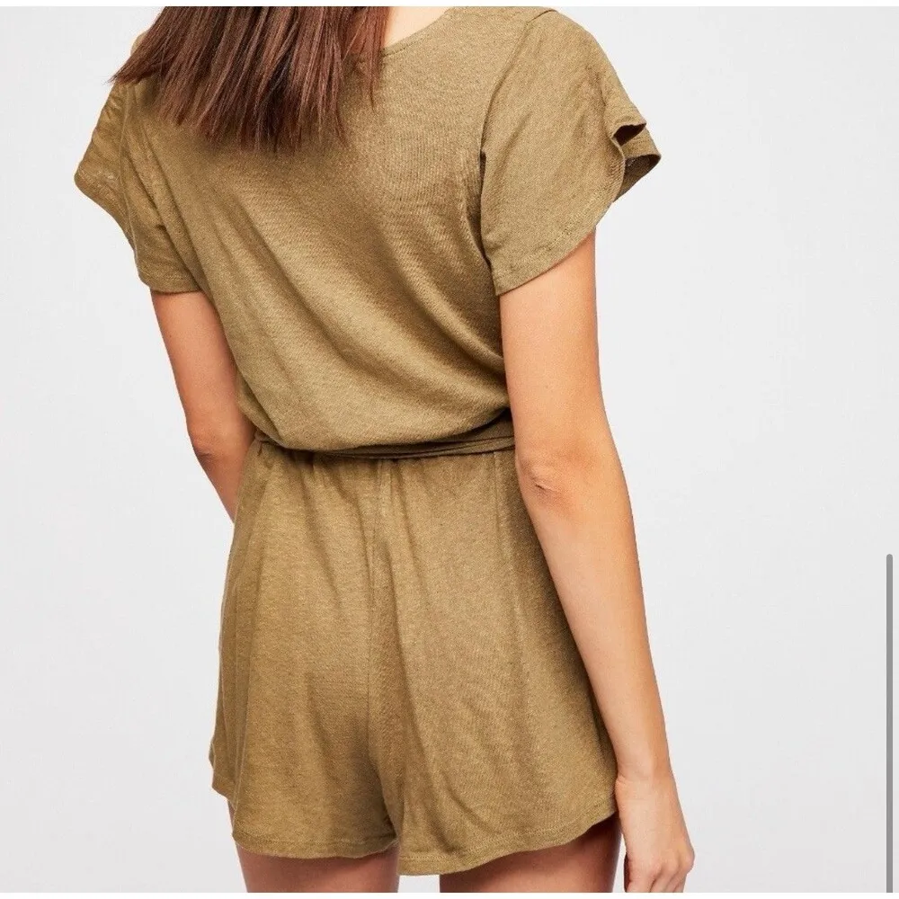Free People Womens Romper Sm Moss Green Linen Blend Ballerina Tie Waist Beachy - Image 5