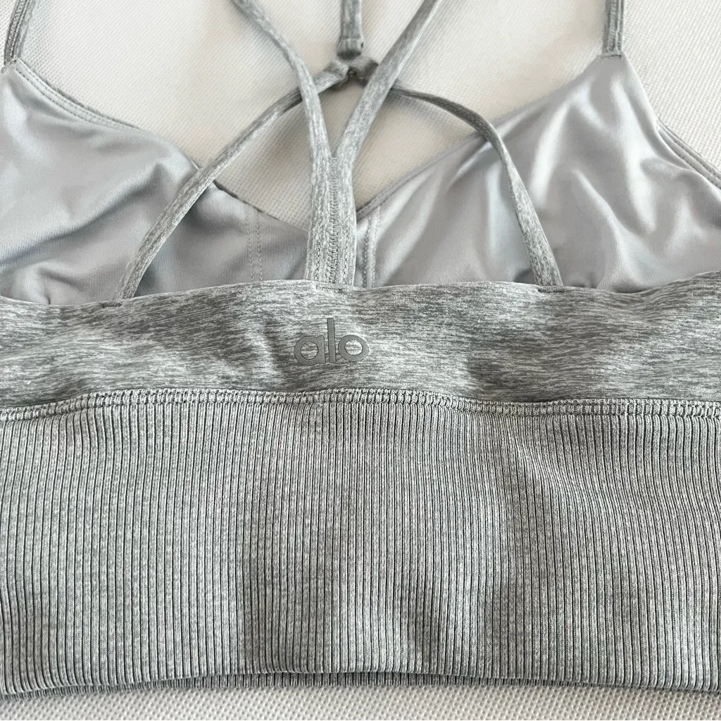Alo Yoga Alosoft Lush Bra Sz Small Heathered Gray Strappy back Detail Long Line - Image 11