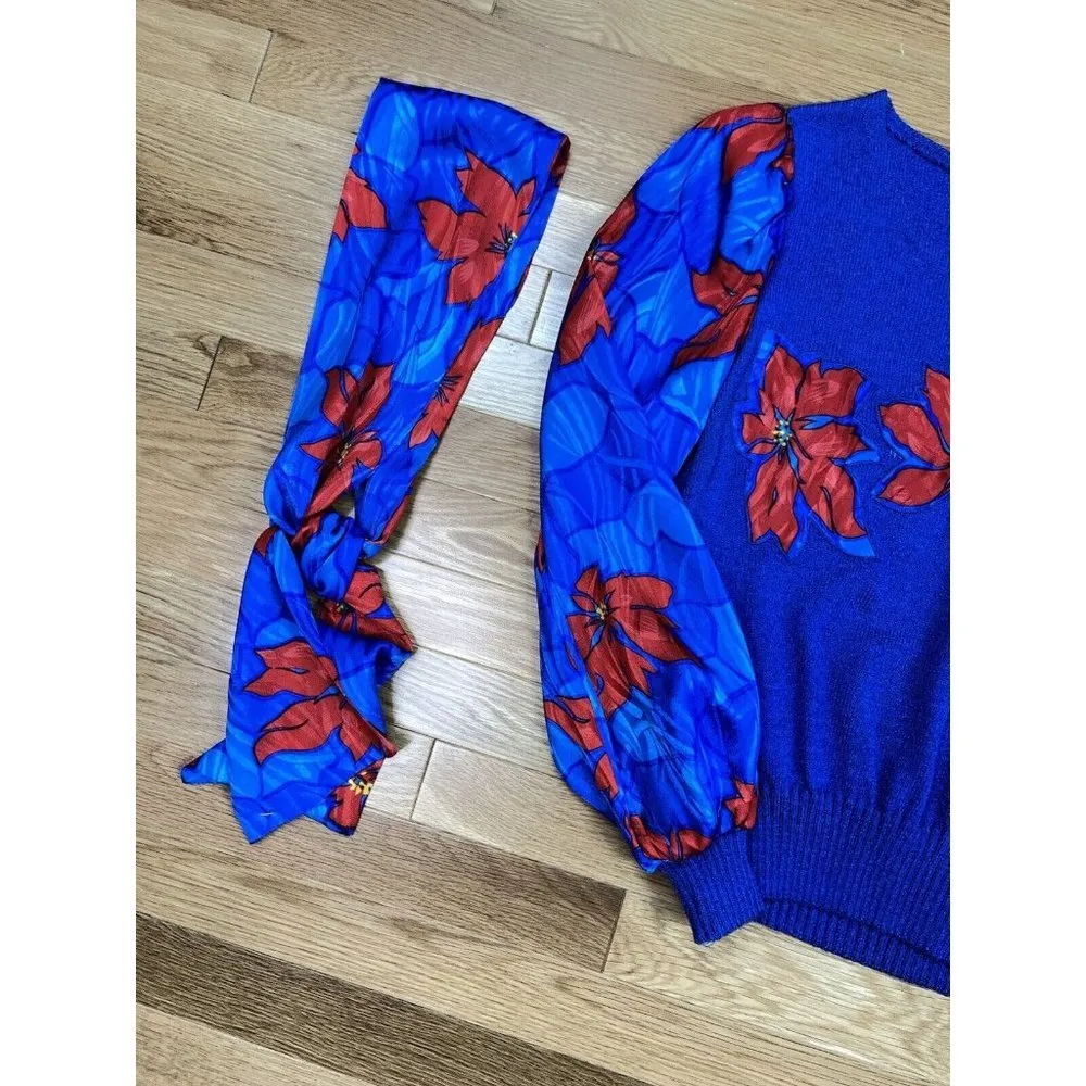 Vintage Anthony Sicari Poinsettia Floral Knit Sweater Womens Med Blue Red Scarf - Image 7