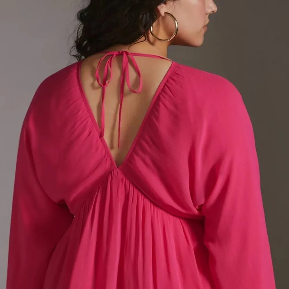 NEW Anthropologie Flowy Hot Pink Mini Dress Summer Cut Out Babydoll Empire - Image 2