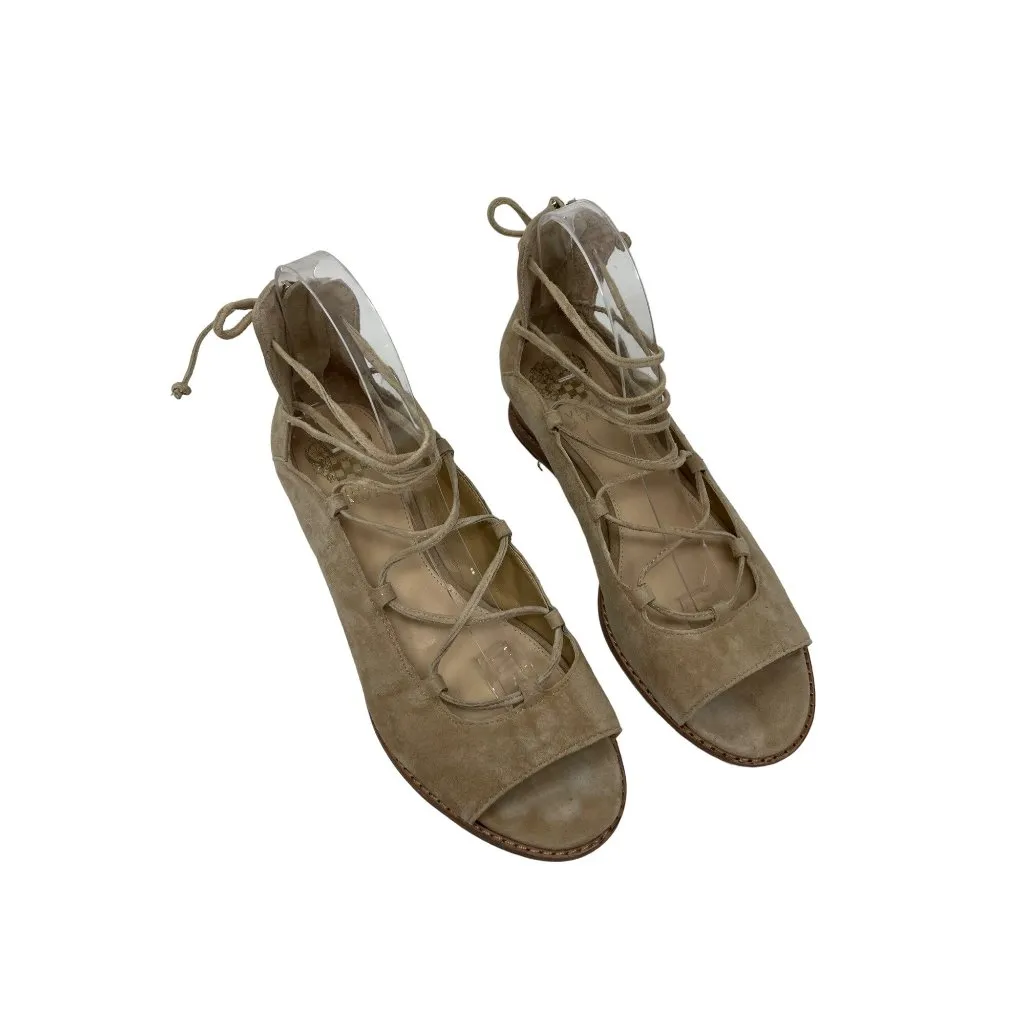Vince Camuto Rochela Suede Wedge Size 7.5 Sandal Lace-up Tan Peep Toe - Image 3