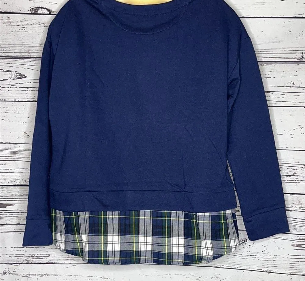 Izod NWT Size L Navy Blue w/ Plaid Layered Look 2-Fer Tie Front Sweatshirt Top - Image 4
