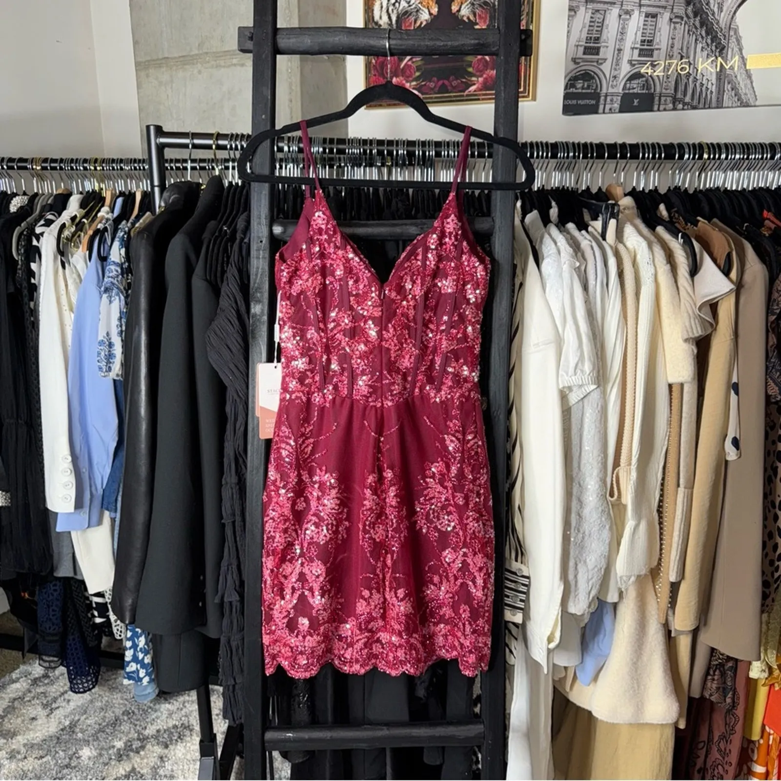 Stacees Sparkly Cabernet Sequin Corset Mini Dress Gold Size 2 - Image 4