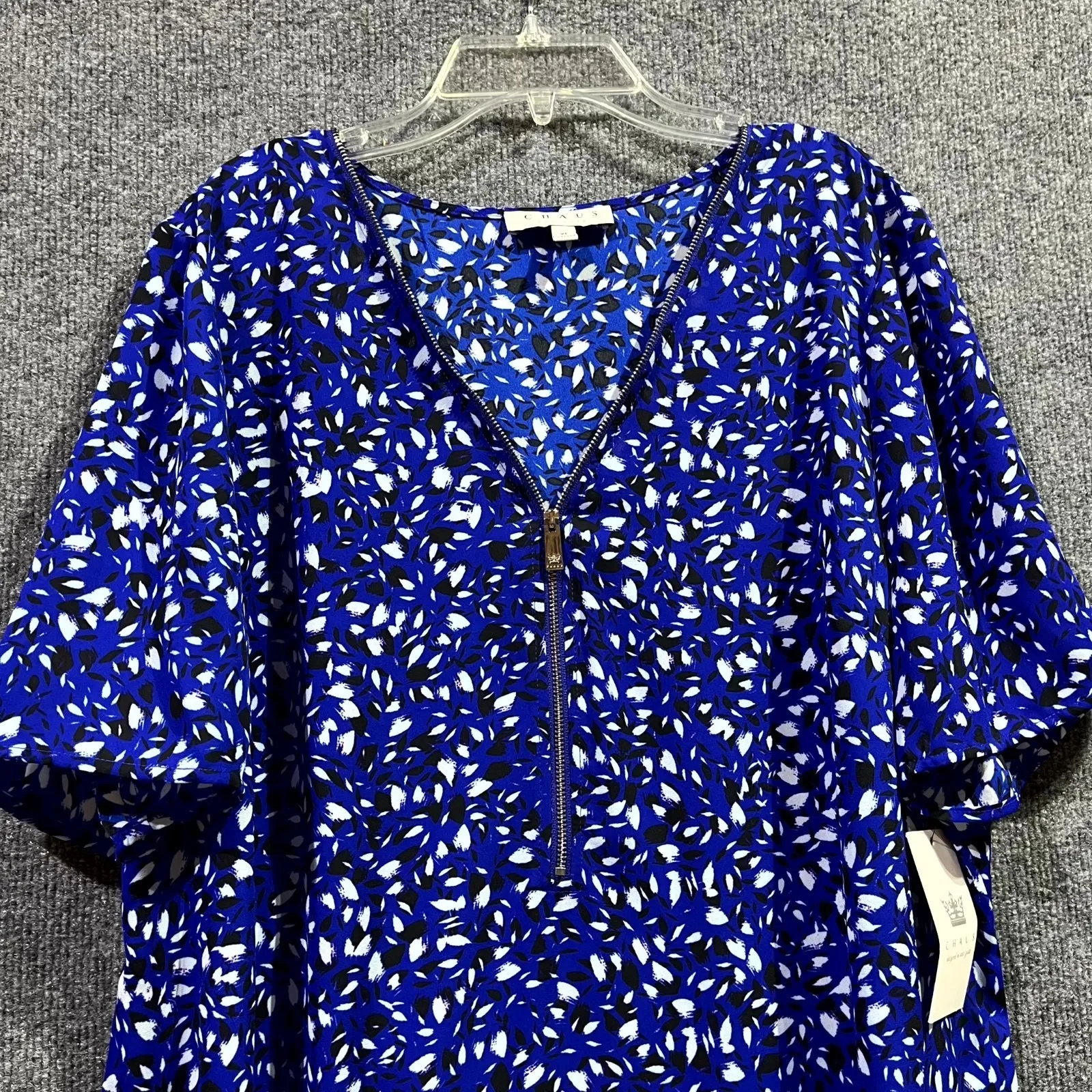Chaus New York Blouse Womens XL Wild Blue White Ditsy Floral Preppy Zip Front - Image 2
