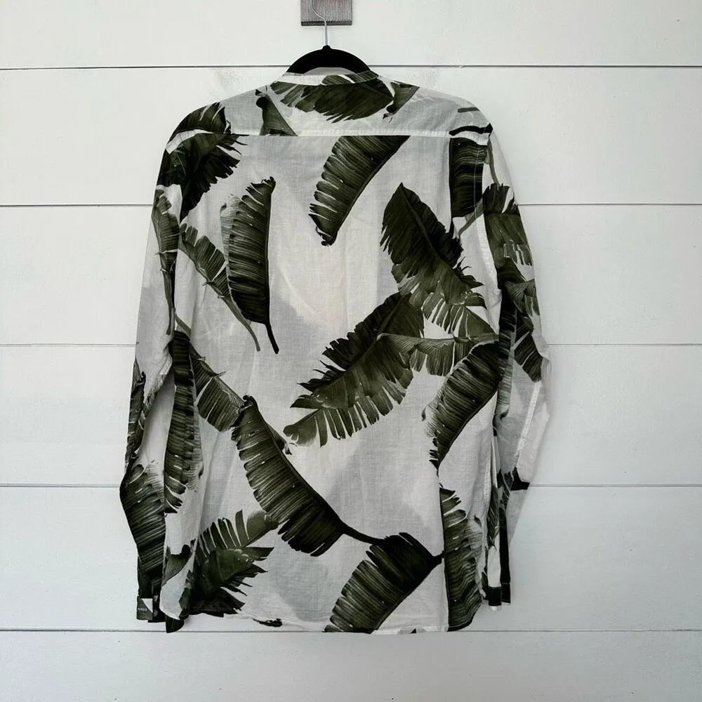 Zara Women’s Large White Green Tropical Leaf Pullover Top Blouse - Image 4