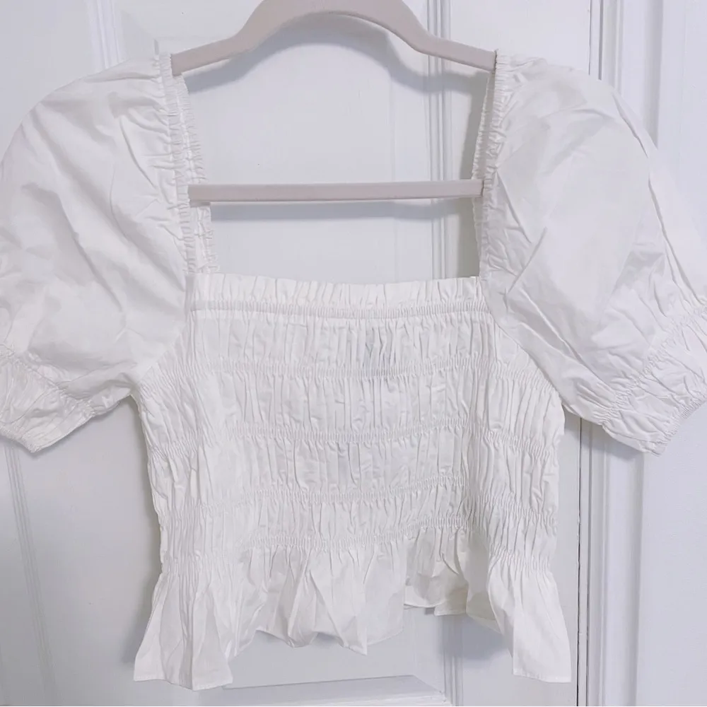 White Summer Cottage Balletcore Puff Sleeved Smocked Crop Top Blouse - Image 6