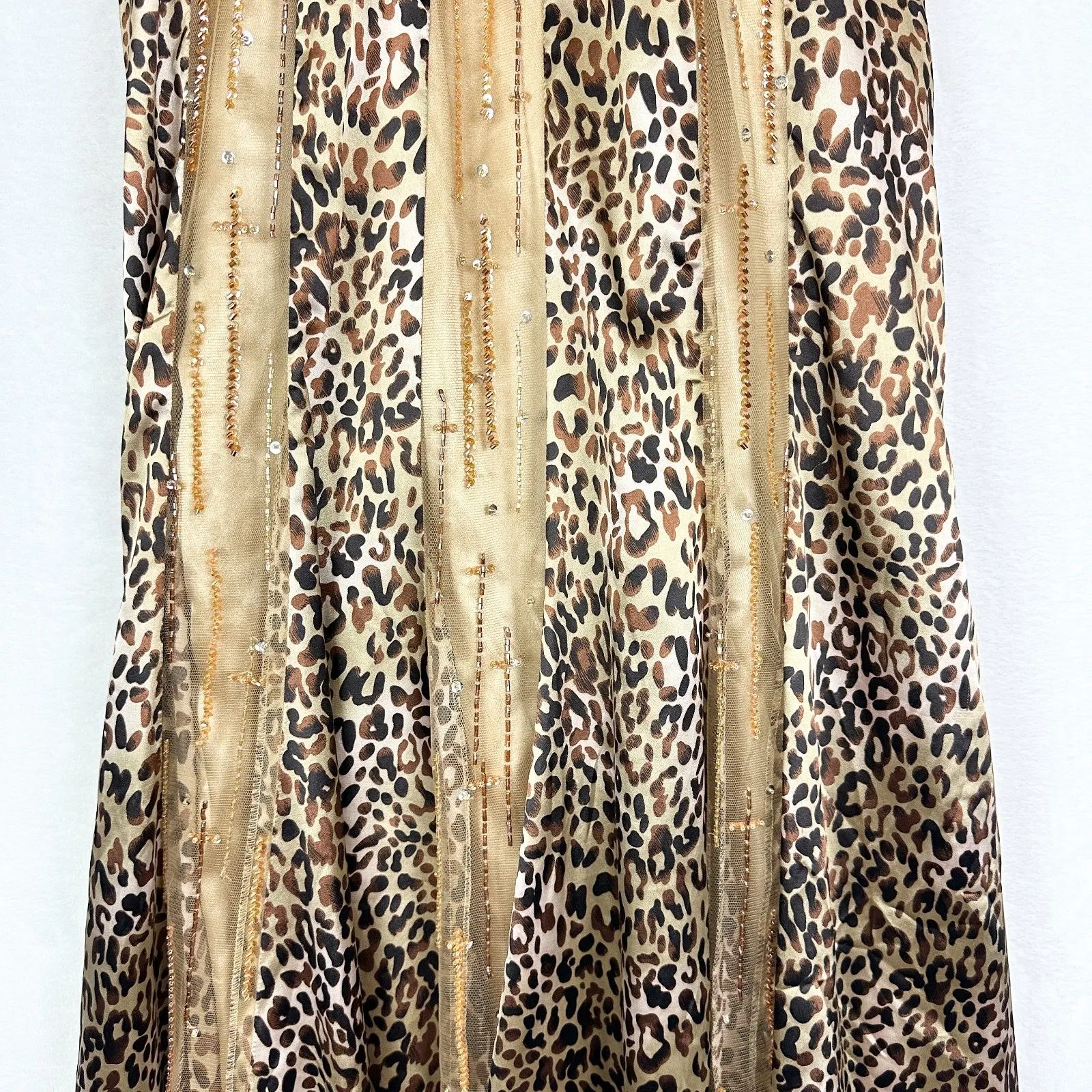 Vintage Y2K Kiss Kiss Formal Beaded Leopard Prom Dress Size 6 Halter Satin Gold - Image 5