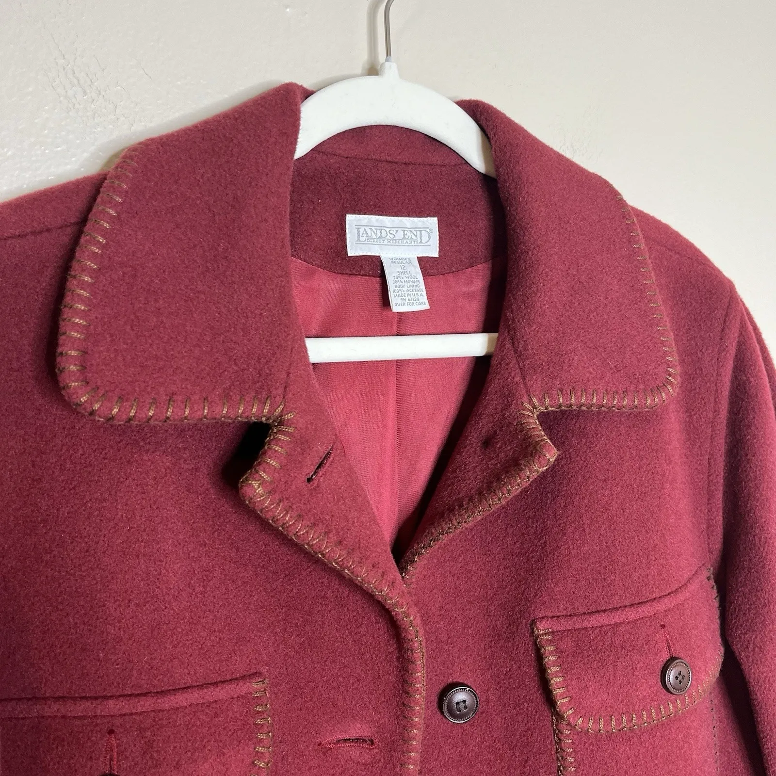 Red Wool Field Jacket Chore Coat Western Contrast Stitch Lands End 12 Preppy Mid - Image 3