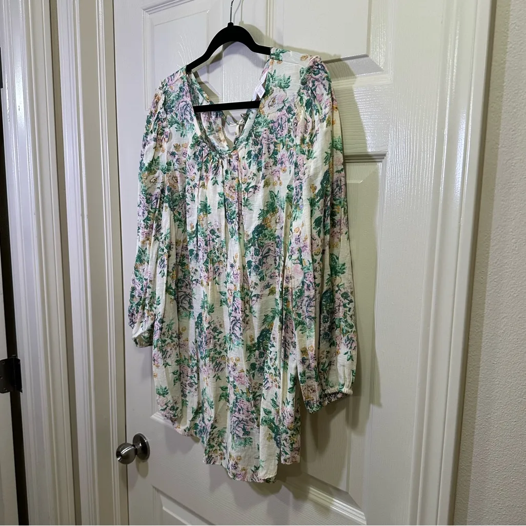 LC Lauren Conrad Floral Blouse Sz 2X 3/4 Length Sleeves Tie Neck Ruffle Shoulder - Image 3