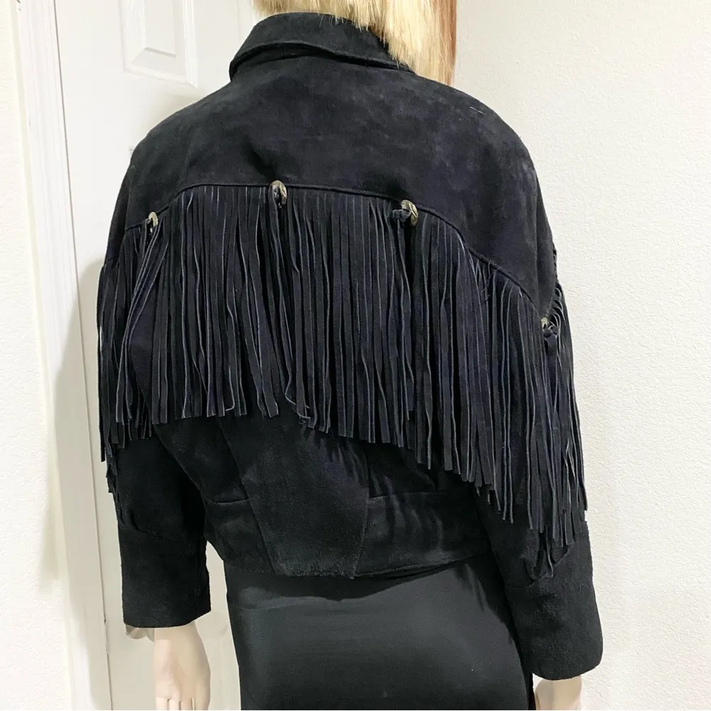 Vintage G4000 Black Fringe Conch Festival Western Leather Cropped Jacket Size S - Image 2