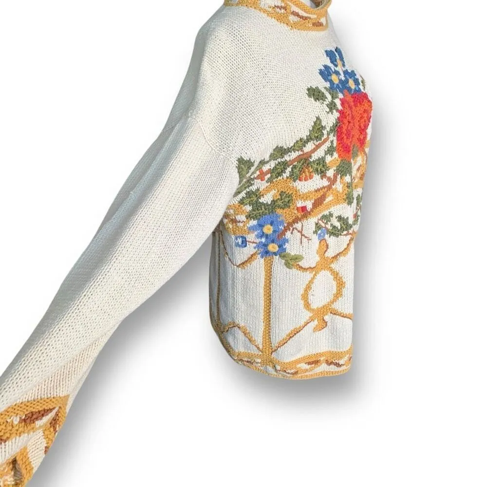 Vintage Lizi Ruch Cream Floral Embroidered Mock Neck Neutral Pullover Sweater Red - Image 7