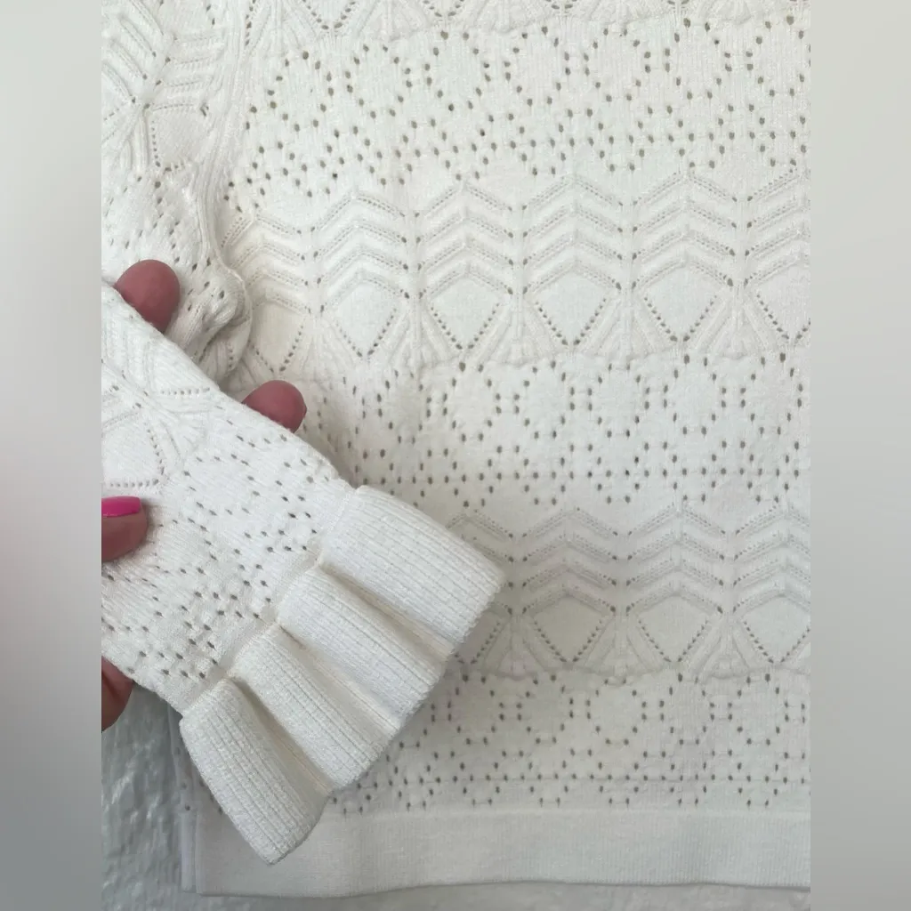 Tularosa Lana 100% nylon knit sweater, cream/white, ruffle neck, cropped; size S - Image 3