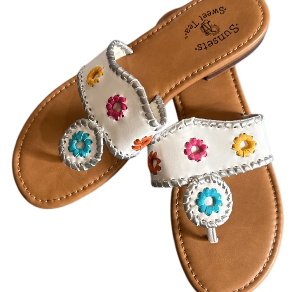 White and Pink Floral Sandals with Decorative Straps Size 8 - Image 2