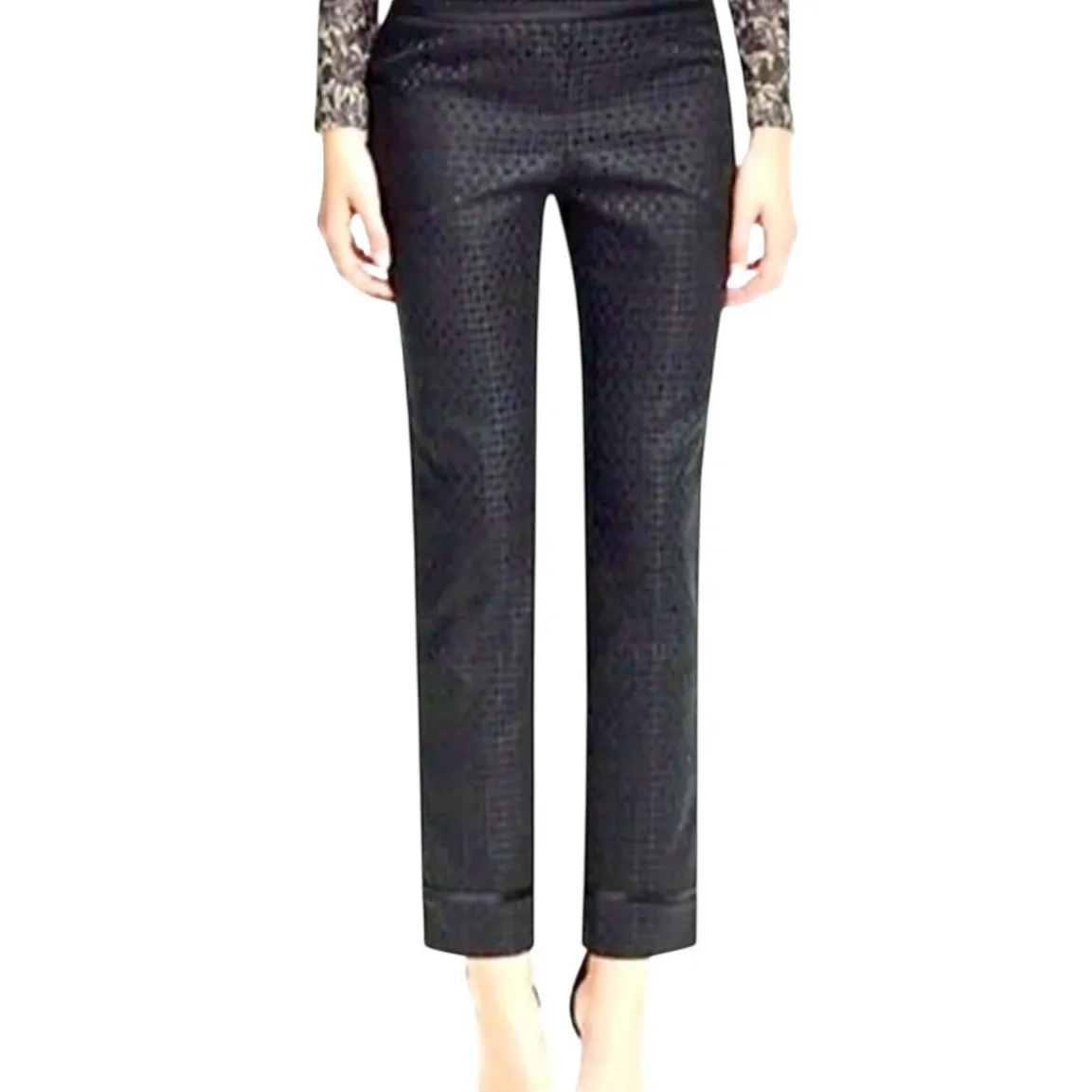 Tory‎ Burch Madison Pant Phantom/Tory Navy Black Textured Cropped Flare Size 2 - Image 3