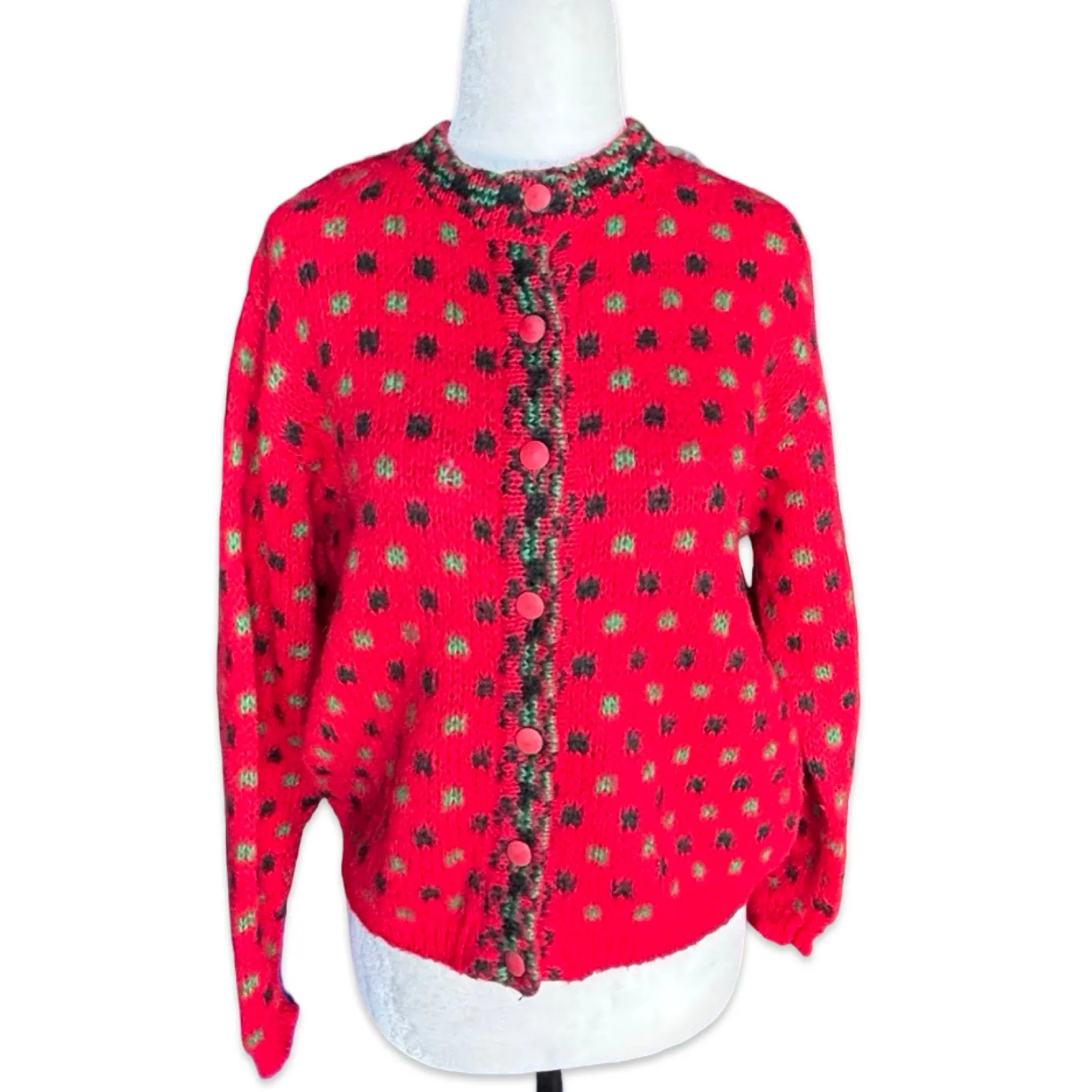 Vintage United Colors Of Benetton Red Green Abstract Polka Dot Wool Cardigan - Image 9