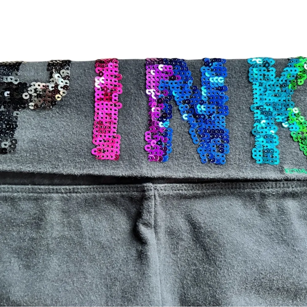 VTG Pink Victoria’s Secret Fold Over Spell Out Sequin Capri Leggings Black Sz M - Image 3