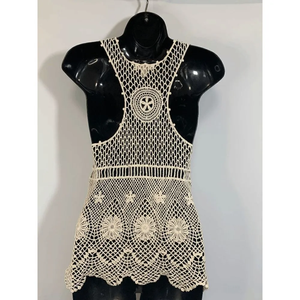 It's Our Time Womens Cream Crochet Flower Shirt Cover Up Small - Image 5