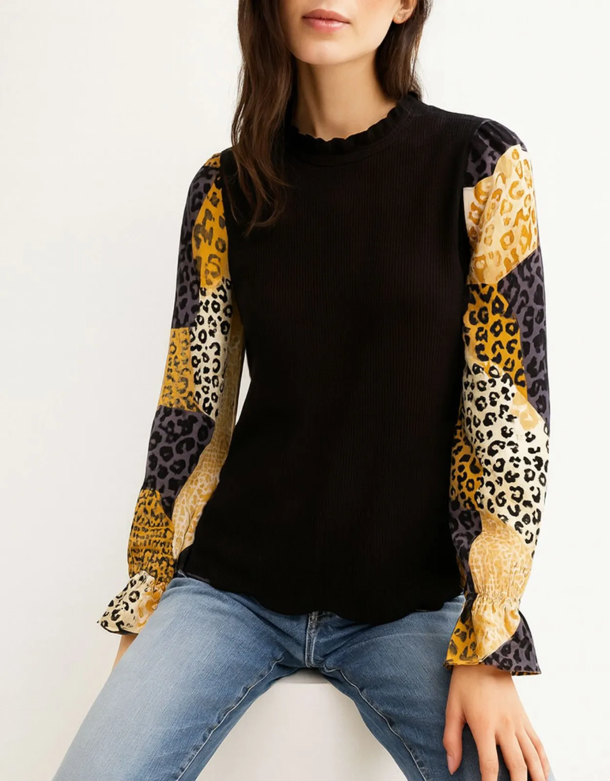 THML Black Ribbed Top Animal Print Balloon Sleeve Ruffle Neck Blouse Size L - Image 1