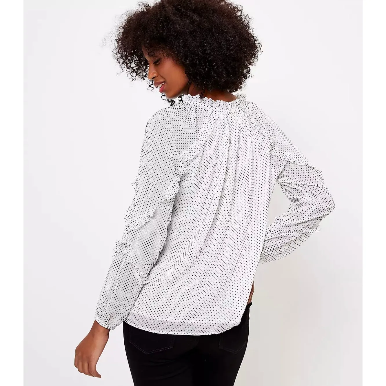 LOFT Ruffle Polka Dot Sheer Blouse, White Black, Romantic Feminine Workwear - Image 2